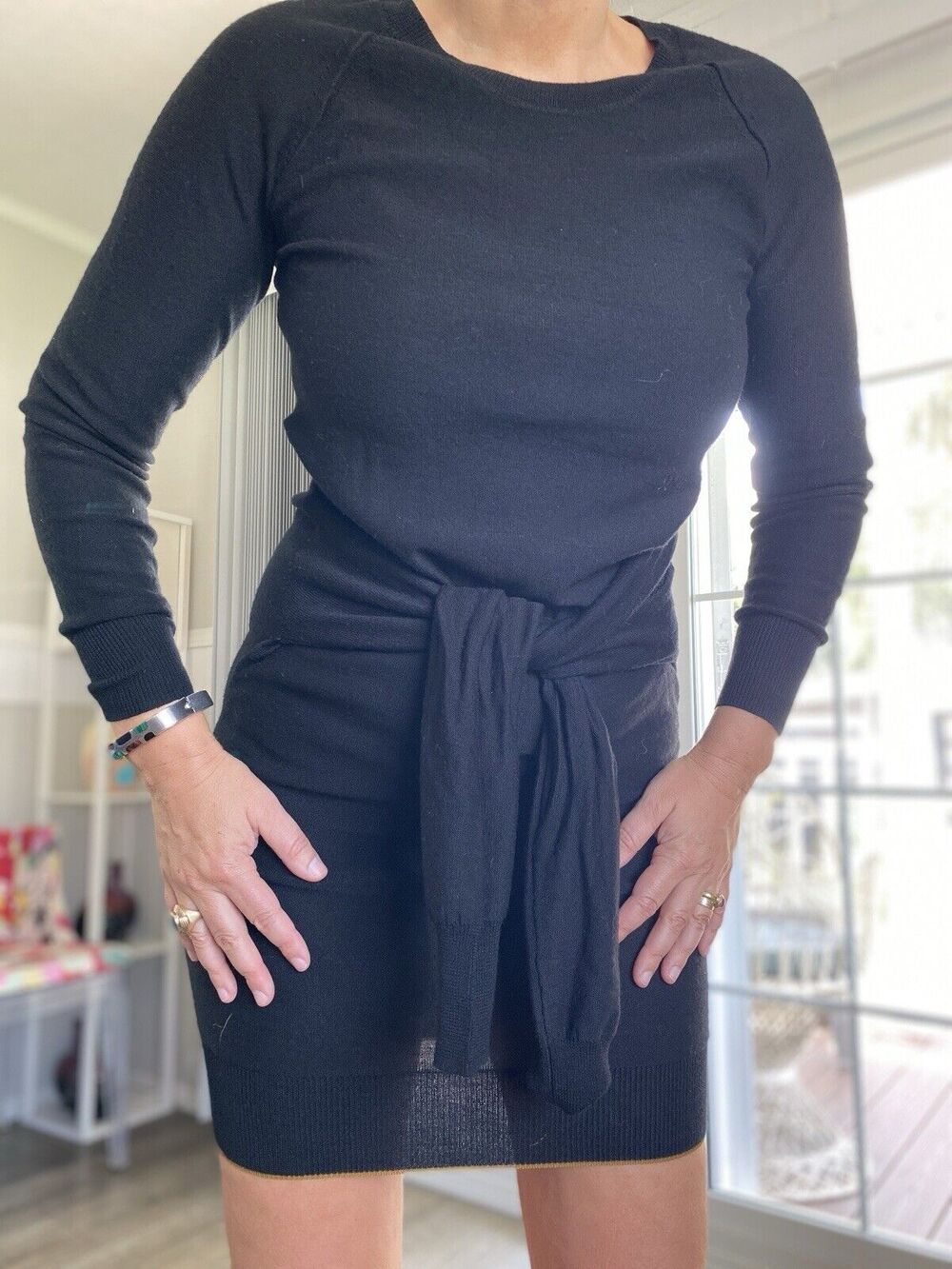 SONIA RYKIEL Womens 99% Wool Sweater Dress Black Long Sleeve Tie Waist S